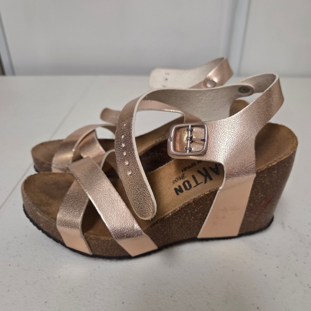 Plakton Bios Rose Gold Metallic Leather Cork Wedge Sandals Made in Spain Size 38